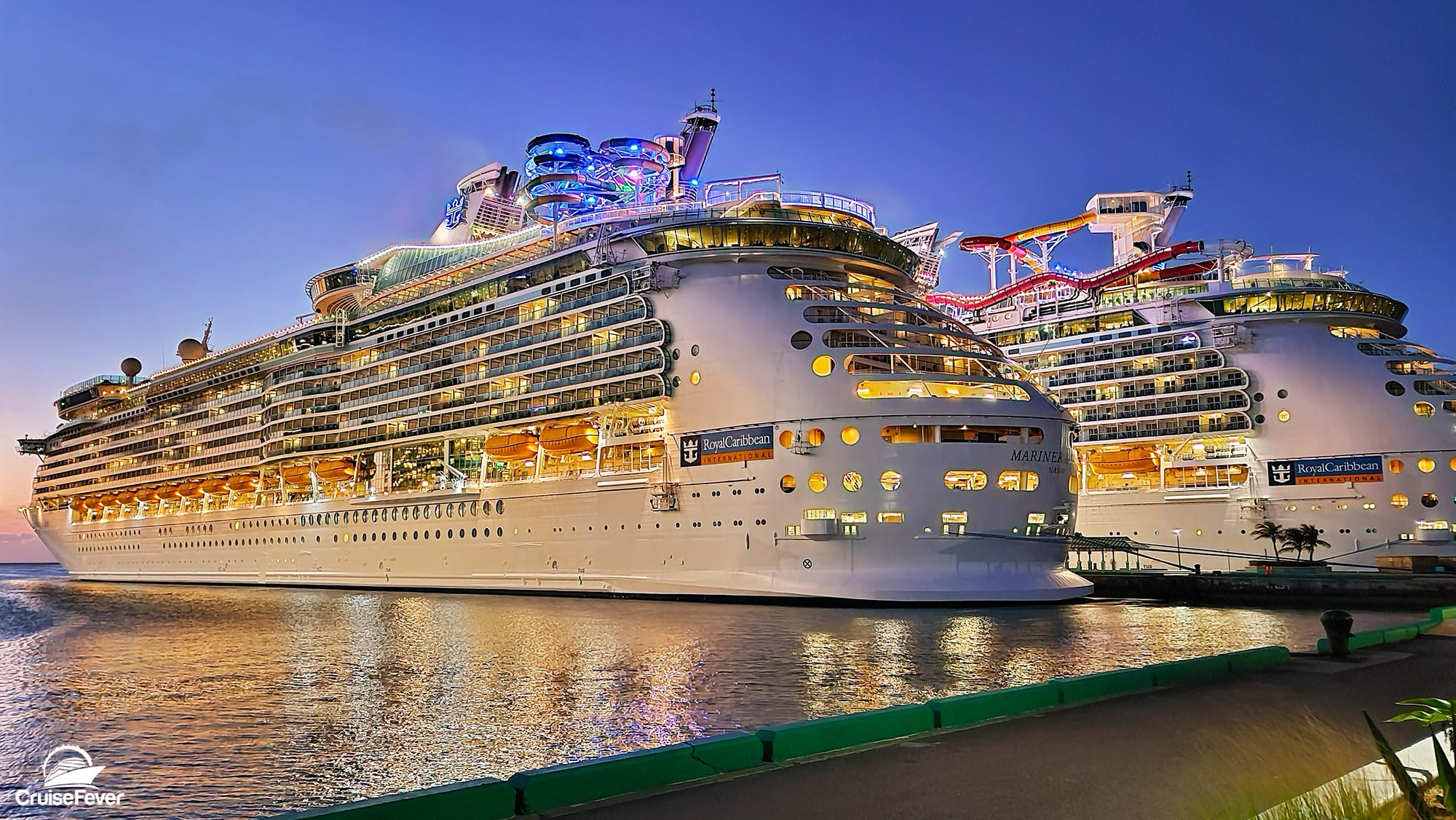 Cruise ship sailing in the ocean at sunset